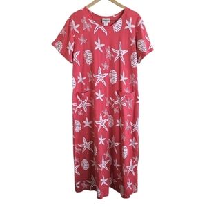 Vintage Fresh Cotton Shell Starfish Beach Maxi Dress With Pockets. Size Large